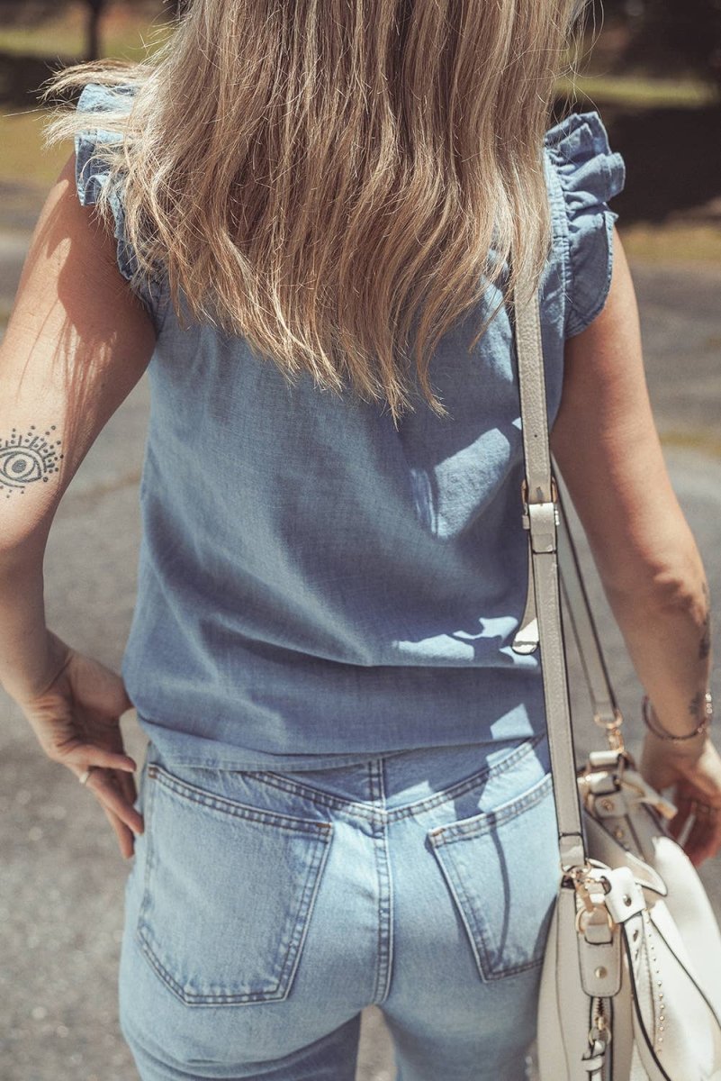 Ruffle Trim V Neck Chambray Tank Top - APLA7821351-P804-S