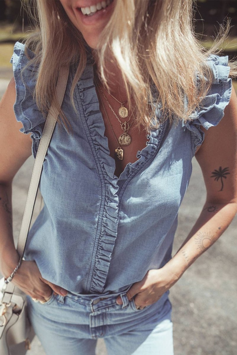 Ruffle Trim V Neck Chambray Tank Top - APLA7821351-P804-S
