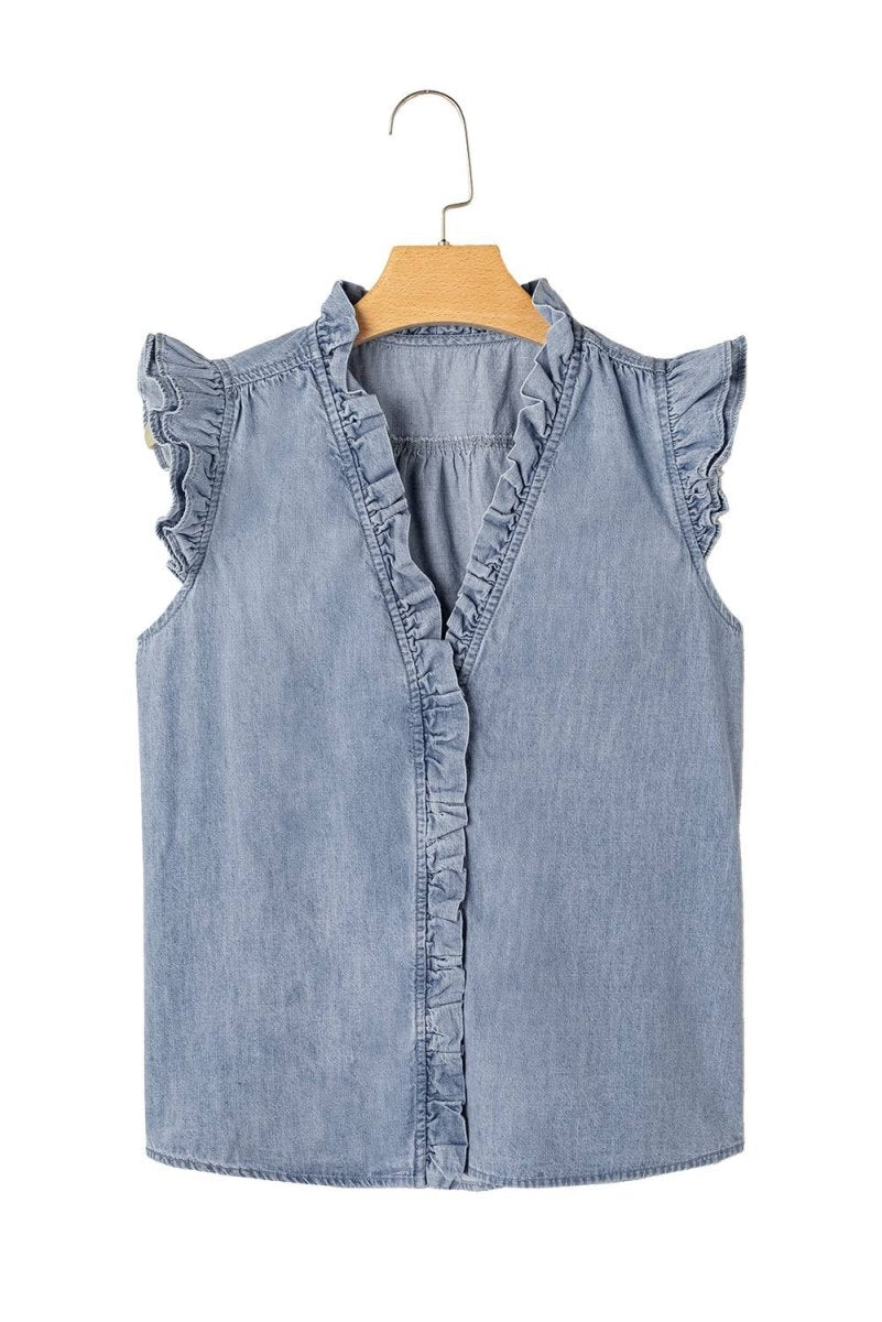 Ruffle Trim V Neck Chambray Tank Top - APLA7821351-P804-S
