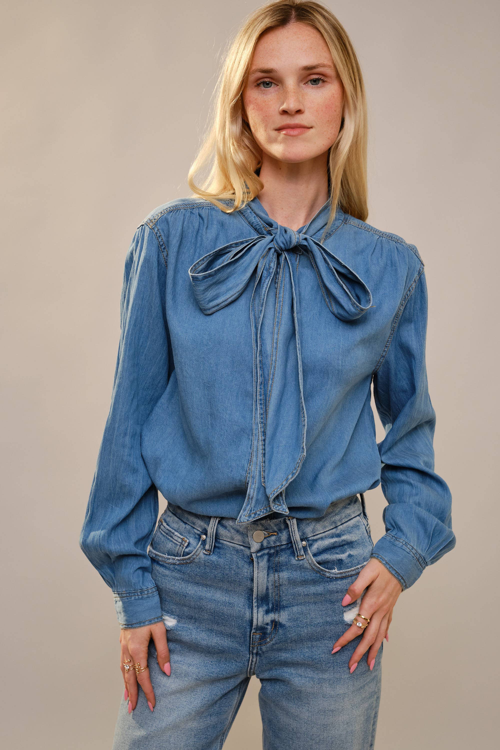 Blue B Cotton Tencel Blend Tie Neck Hidden Button Up Chambray Blouse - Medium Wash