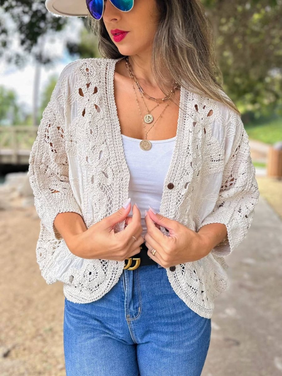 AMOLI Ivory Crochet Lace Cardigan Layering - One Size - AM80008