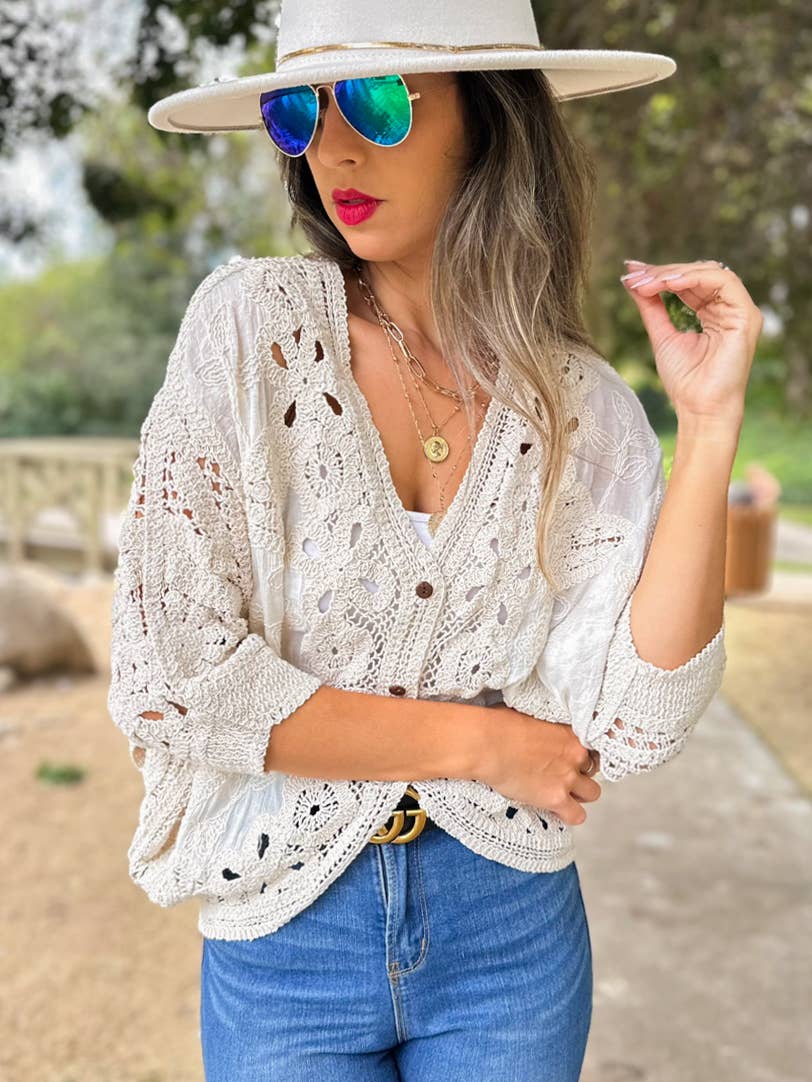 AMOLI Ivory Crochet Lace Cardigan Layering - One Size - AM80008
