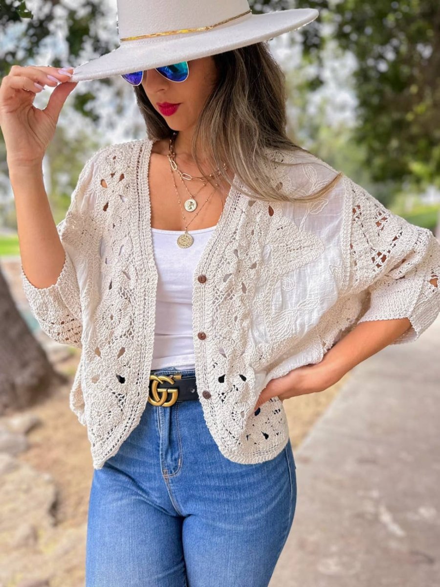 AMOLI Ivory Crochet Lace Cardigan Layering - One Size - AM80008