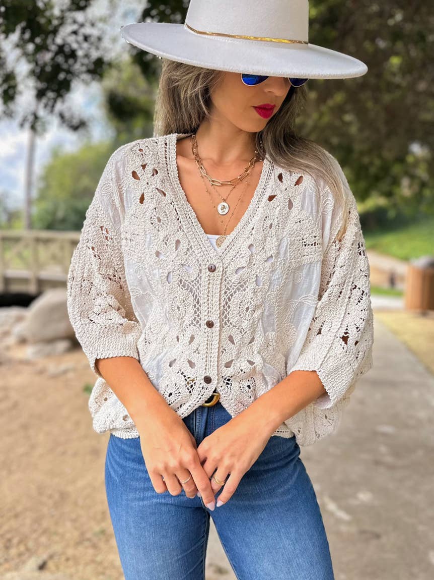 AMOLI Ivory Crochet Lace Cardigan Layering - One Size - AM80008