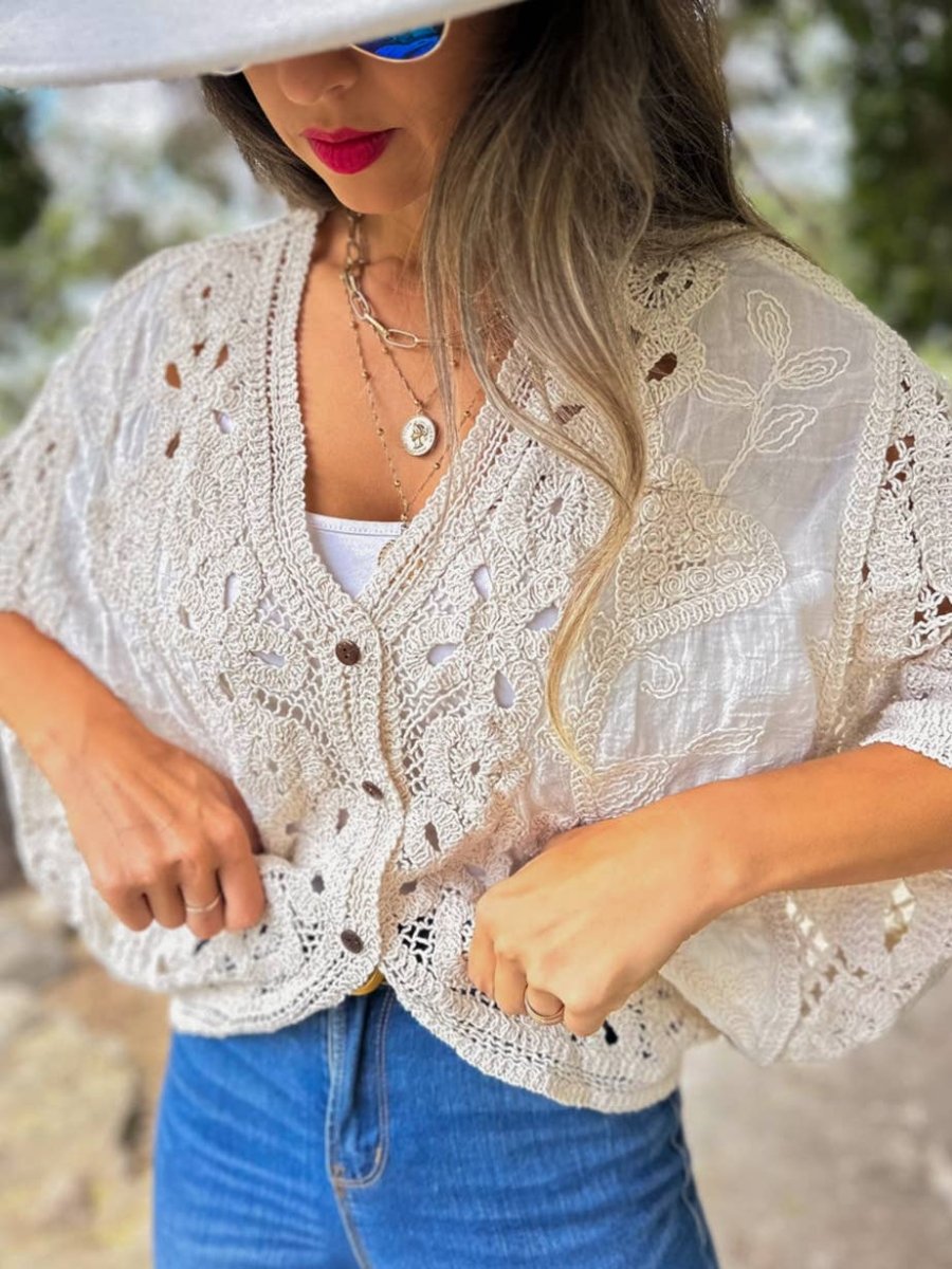 AMOLI Ivory Crochet Lace Cardigan Layering - One Size - AM80008