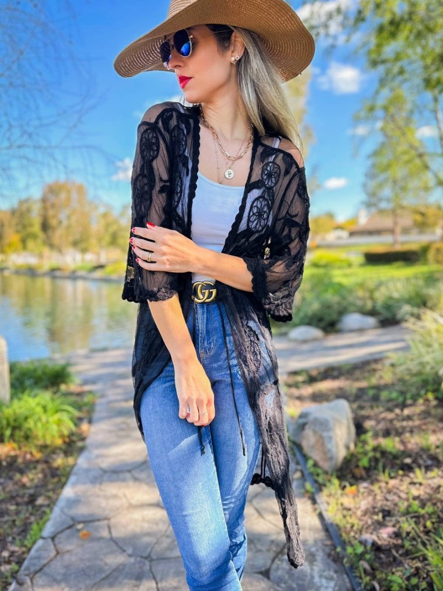 AMOLI Black Dream Catcher Printed Lace Sheer Lightweight Kimono Black - One Size - ECD10530
