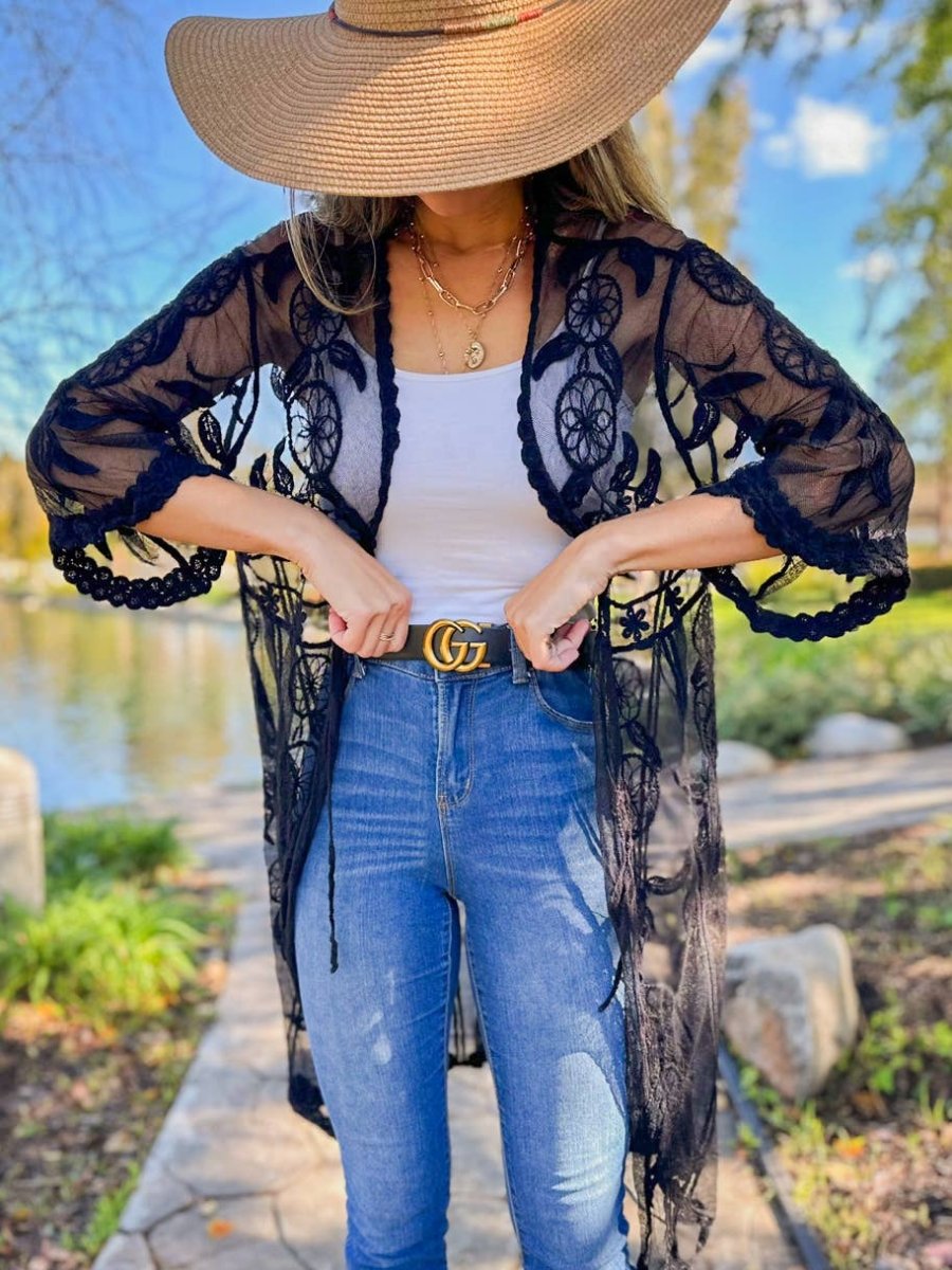 AMOLI Black Dream Catcher Printed Lace Sheer Lightweight Kimono Black - One Size - ECD10530
