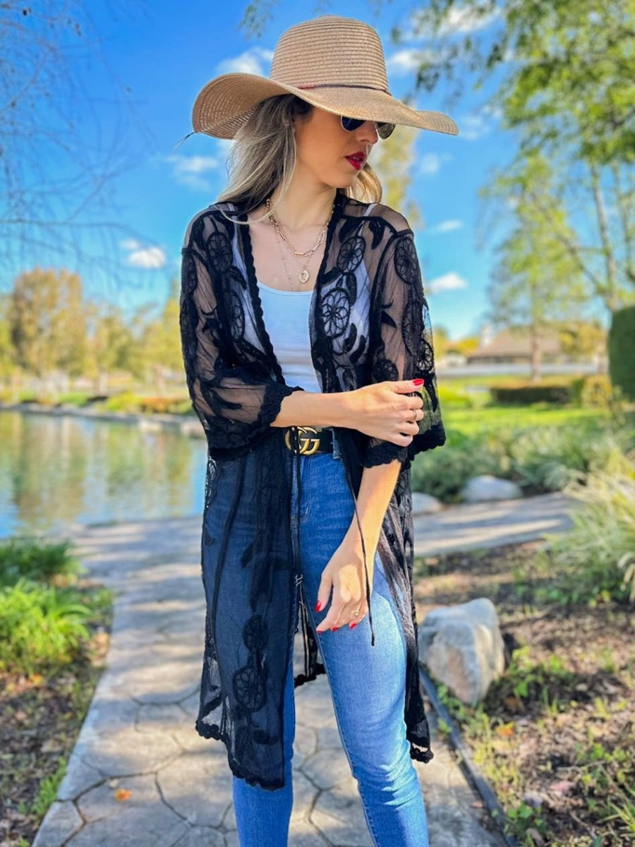 AMOLI Black Dream Catcher Printed Lace Sheer Lightweight Kimono Black - One Size - ECD10530