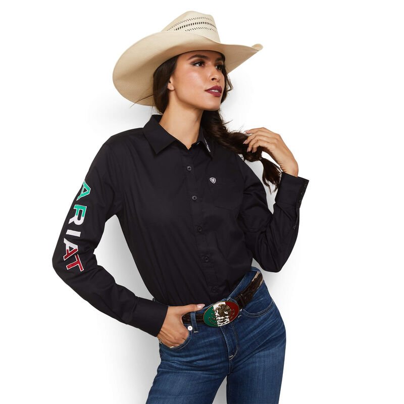 Ariat Women's Wrinkle Resist Team Kirby Stretch Black Mexico Long Sleeve Shirt - 10043552 - XS