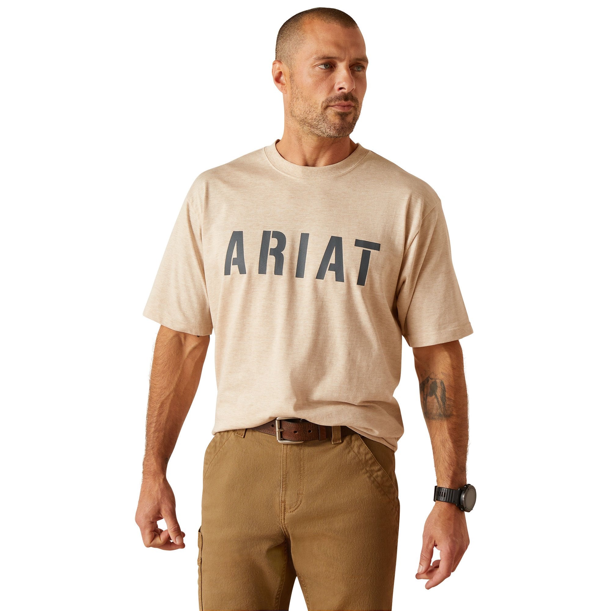 Ariat Men's Rebar Cotton Strong Block Oatmeal Heather Work T-Shirt - 10048873 - S