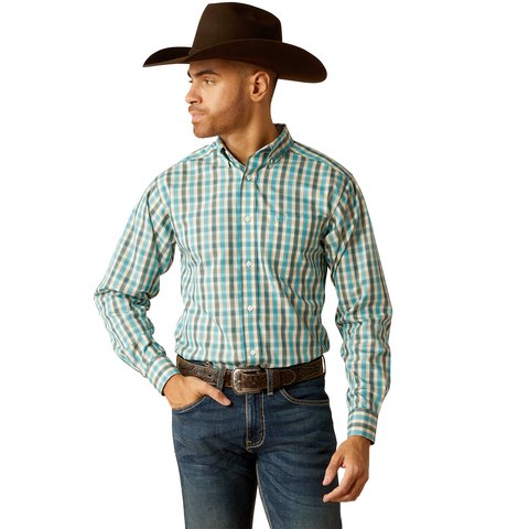 Ariat Men's Wrinkle Free Gordie Fitted Teal Long Sleeve Shirt - 10052380 - XS