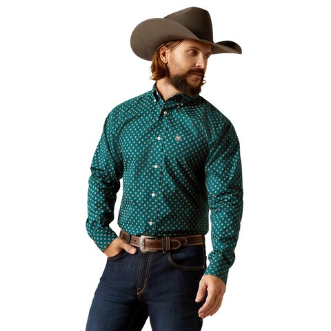 Ariat Men's Wrinkle Free Grover Fitted Deep Teal Long Sleeve Shirt - 10052382 - XS