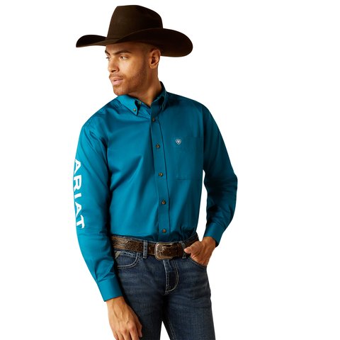 Ariat Men's Team Logo Twill Classic Fit Dark Teal Long Sleeve Shirt - 10052825 - XS