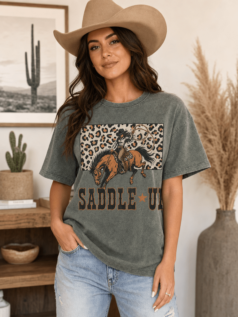 Avery Apparel Saddle Up Cowgirl Graphic Mineral Wash T-Shirt - Army Green - AMT-AVS05-S/M