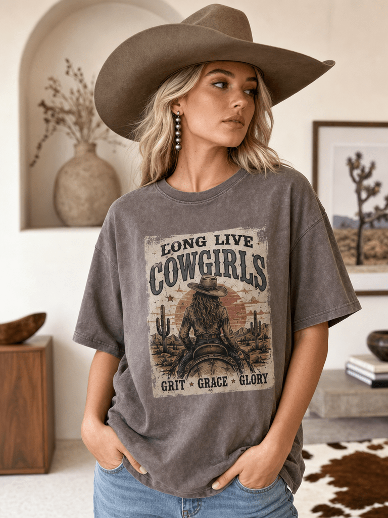 Avery Apparel Long Live Cowgirls Mineral Wash T-Shirt - Mocha - AMT-AVS07-S/M