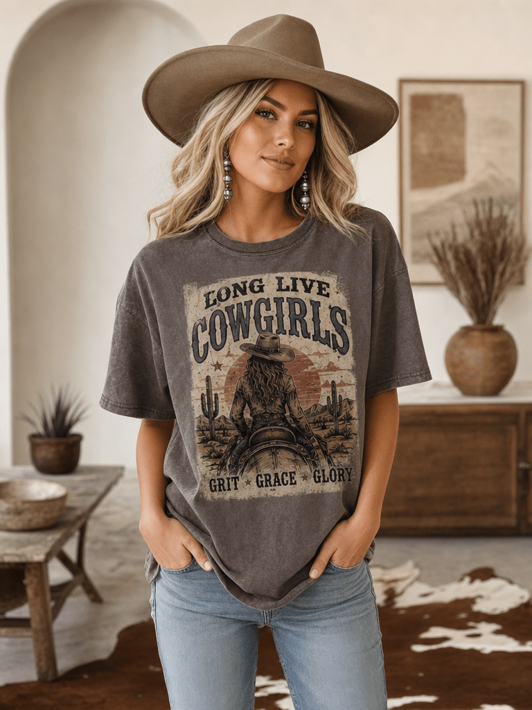 Avery Apparel Long Live Cowgirls Mineral Wash T-Shirt - Mocha - AMT-AVS07-S/M