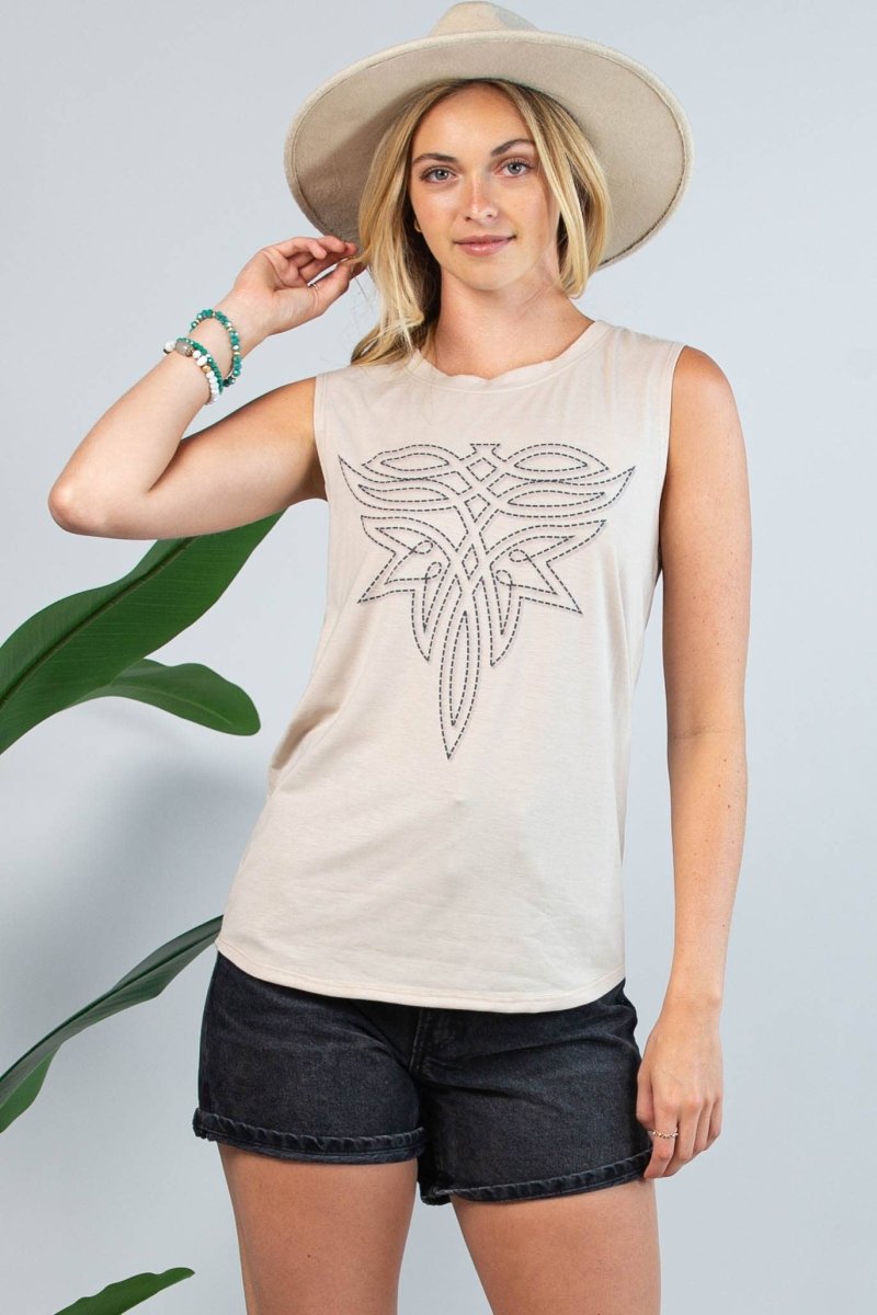 Avery Apparel Alex Boot Stitch Graphic Sleeveless Top - Khaki - AV079-ALEX-S