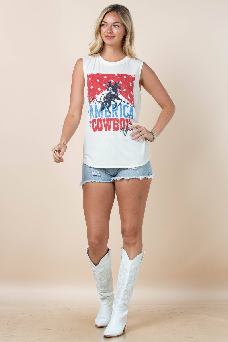 Avery Apparel Rodin Make America Cowboy Again Graphic Top - Ivory/Blue/Red - AV079-RODIN-S