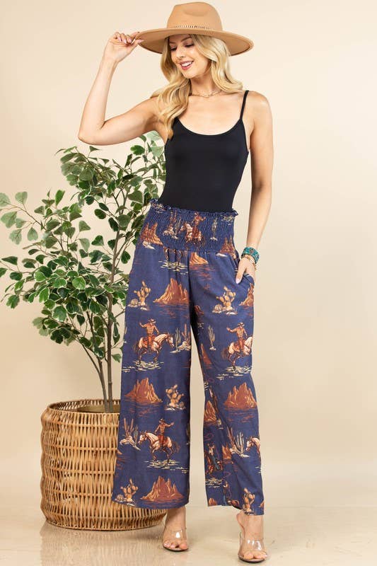 Avery Apparel Wally Western Cowboy Denim Print Woven Pants - Denim Blue - AV1243-WALLY-S