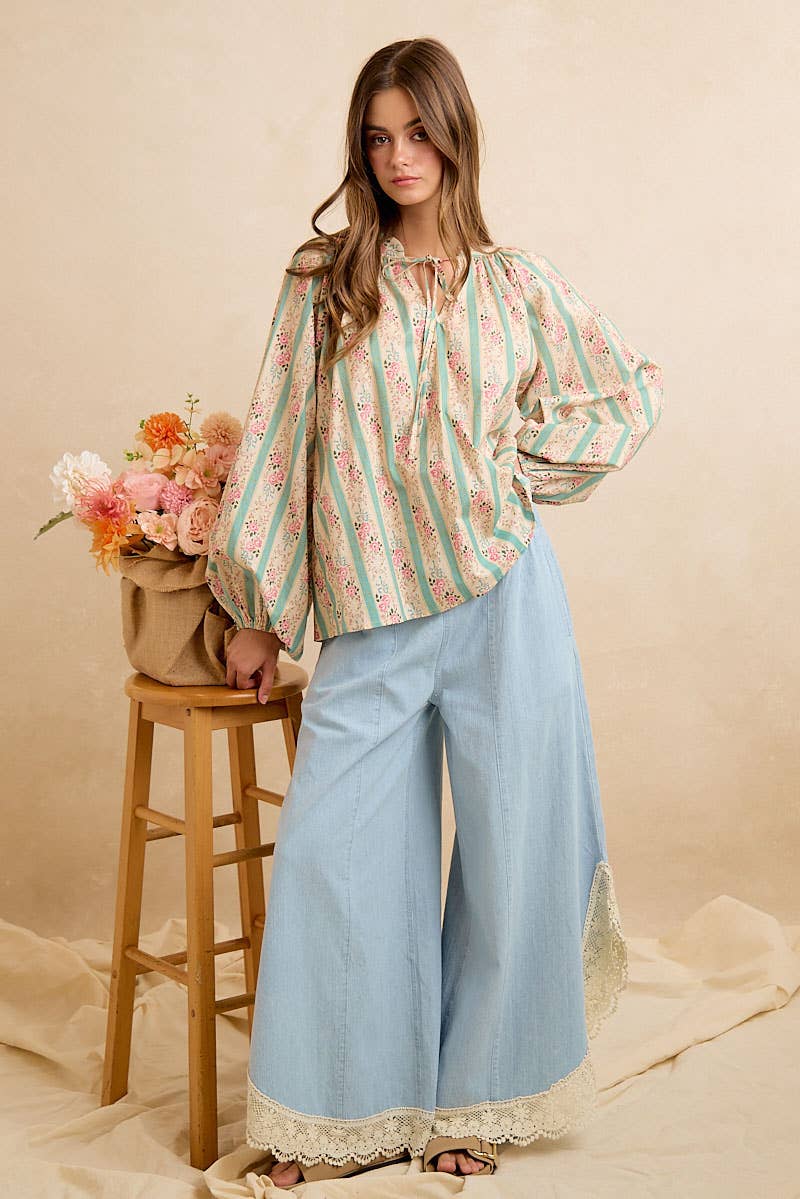 BiBi Wide Leg Crochet Lace with Tulip Hem Jeans - Denim