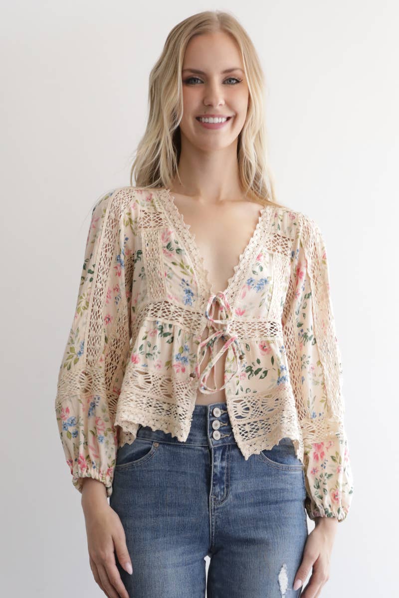 Angie Floral Print Lace Trim Tie Front Top - Sand