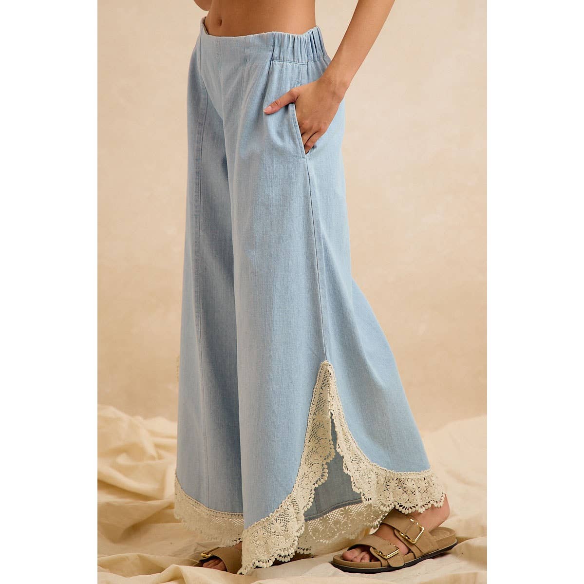 BiBi Wide Leg Crochet Lace with Tulip Hem Jeans - Denim