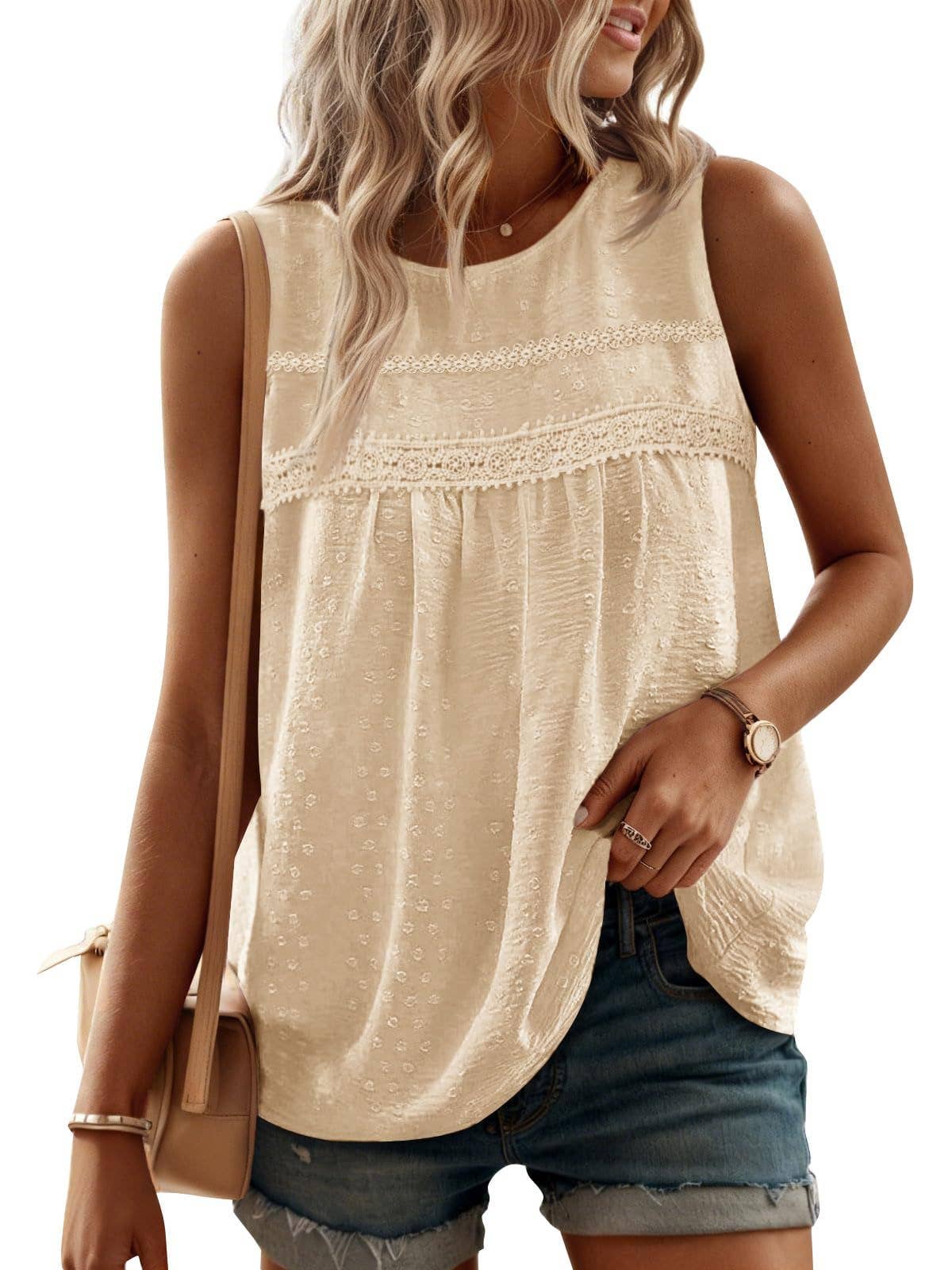HIDDENBRAND Western Lace Details Textured Dots Vest Top - Apricot