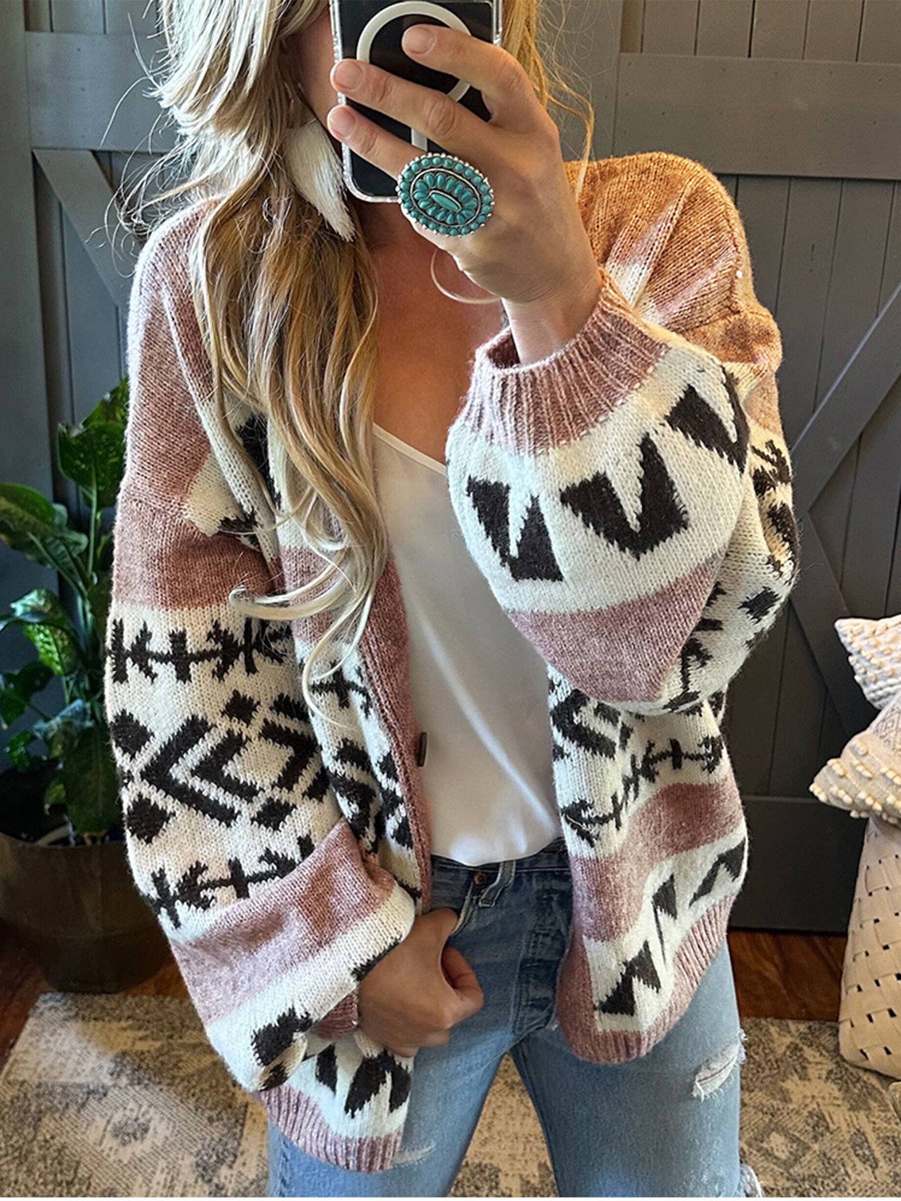 Jacquard Contrasting Color Knitted Cardigan - Pink