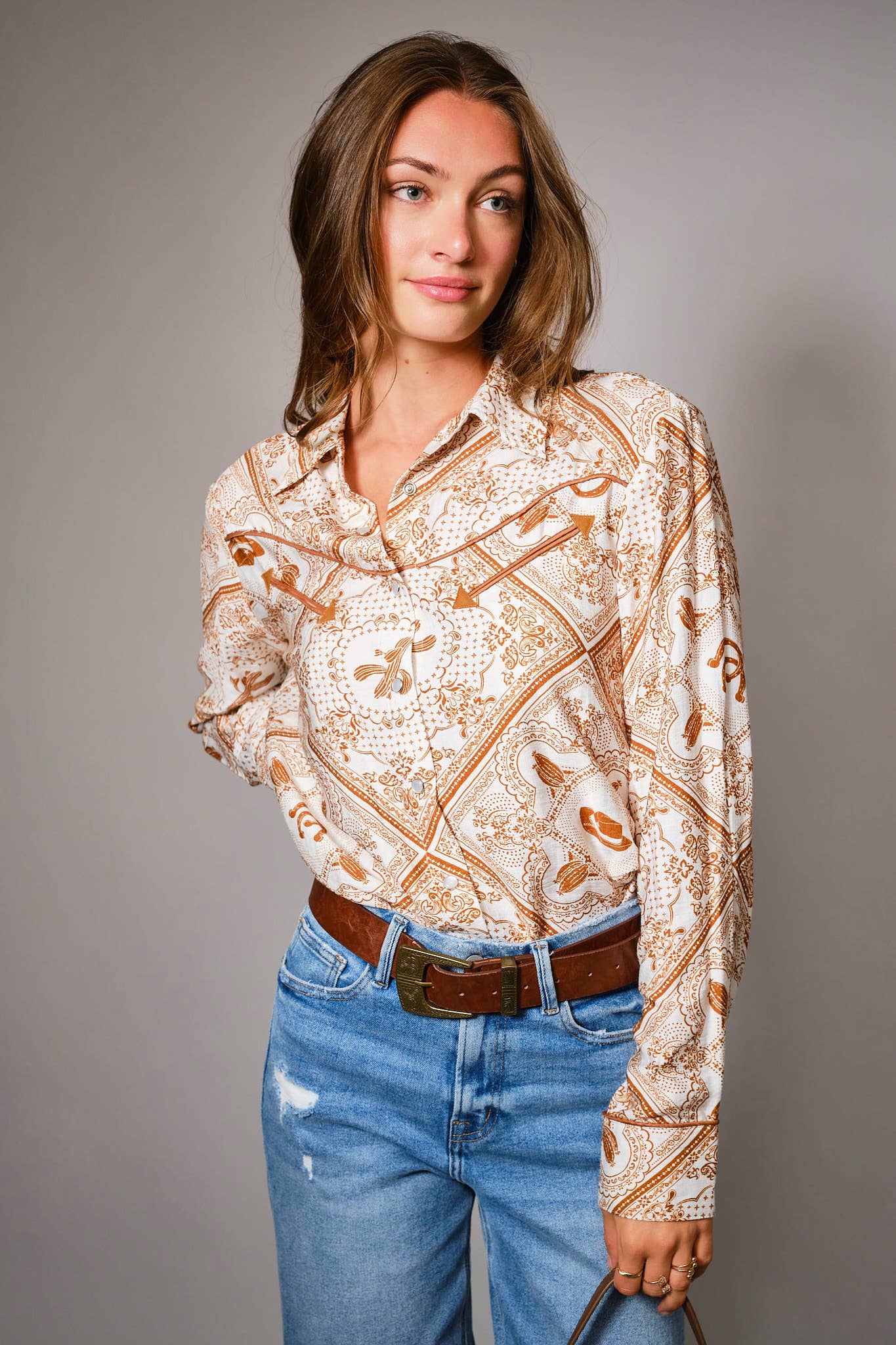 Blue B Western Printed Long Sleeve Button-Up Shirt - Off White Rust
