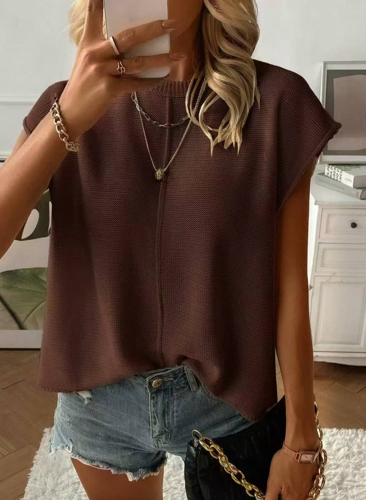 HIDDENBRAND Women's Chic Casual Wear Loose Cap Sleeve Knit Sweater - Coffee