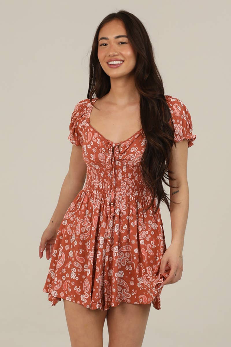 Angie Paisley Print Short Sleeve Romper - Clay