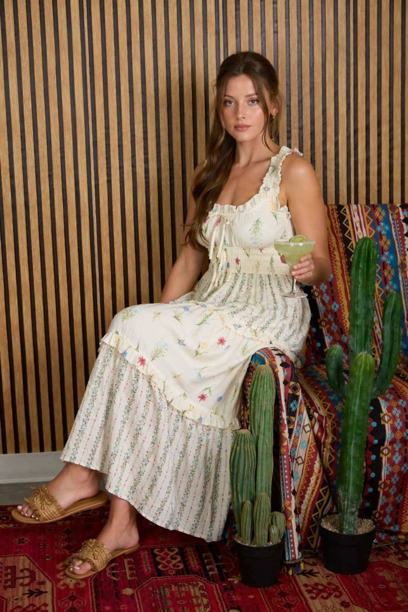 Blu Pepper Floral Colorblock Ruffled Tiered Midi Dress - Ivory Multi - CR2840-S
