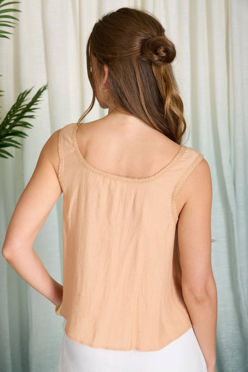 Blu Pepper Lace Trim Front Tie Button Down Sleeveless Top - Dusty Apricot - TB9327-S