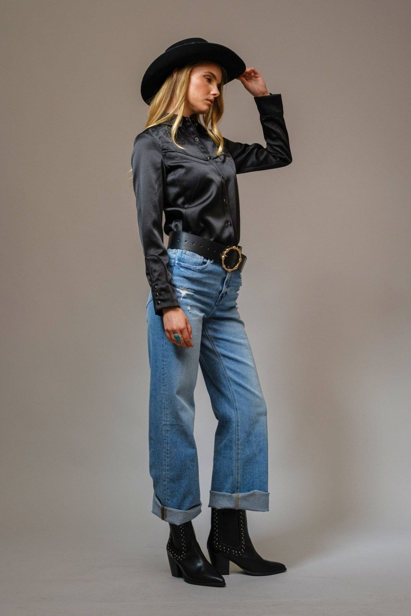 Blue B Satin Western Embroidered Snap Shirt - Black - 15537T-BLACK-S