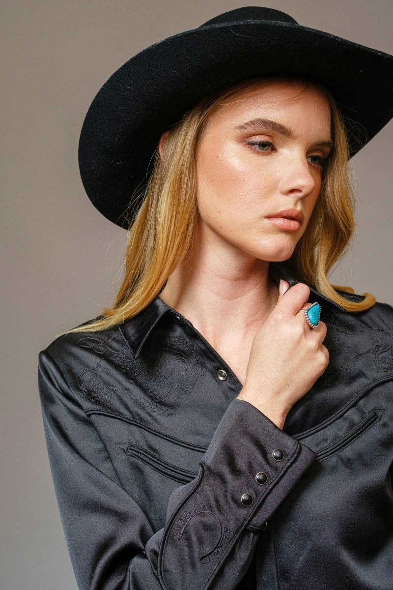 Blue B Satin Western Embroidered Snap Shirt - Black - 15537T-BLACK-S