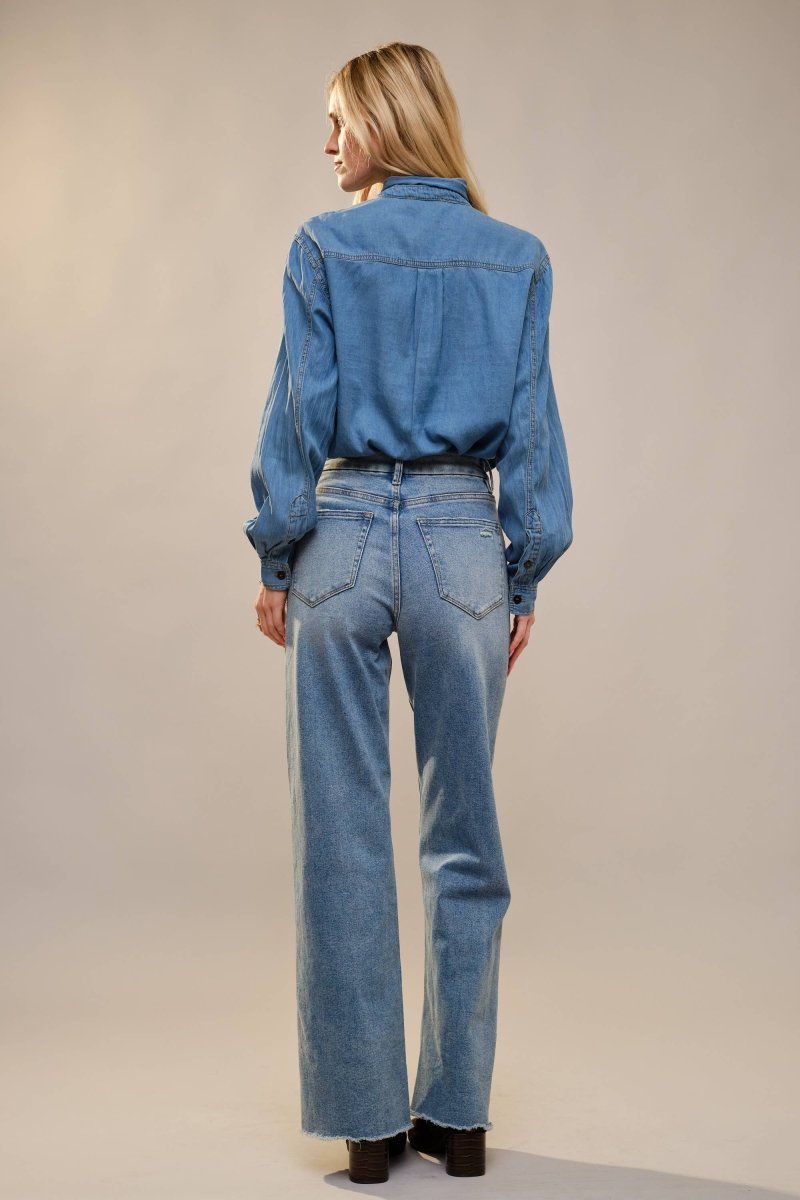 Blue B Cotton Tencel Blend Tie Neck Hidden Button Up Chambray Blouse - Medium Wash - 23612T-MEDWASH-S