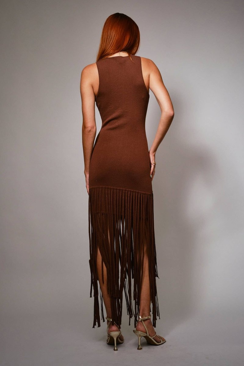 Blue B Fringe Hem Knit Maxi Dress - Dark Brown - 52154W-DARKBROWN-S