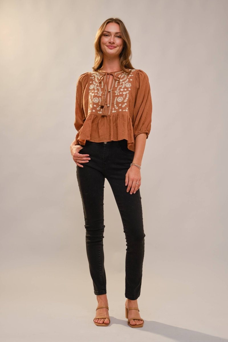 Blue B 3/4 Puff Sleeve Embroidered Peplum Blouse - Brown - 99646T-BROWN-S