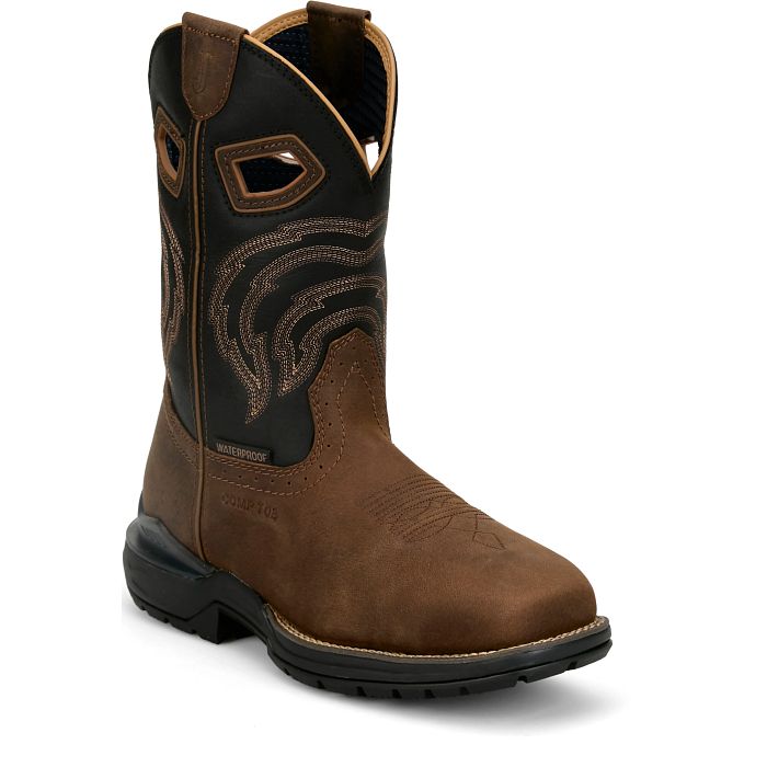 Justin Men's Slickline 11" Brown Water Buffalo Square Soft Toe Work Boots - WR4142