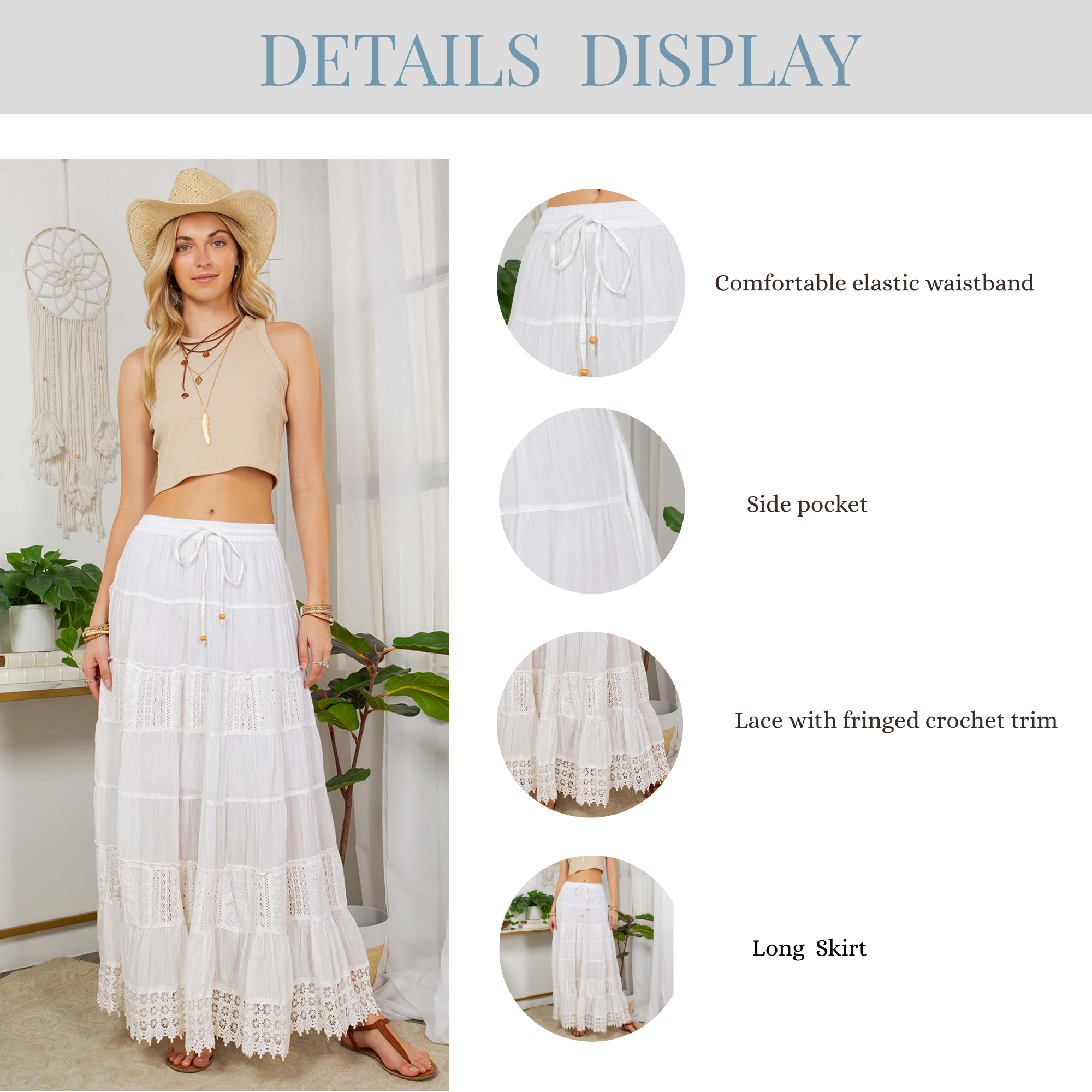 Young Threads 7 Tiered Crinkle Lace Patchwork Skirt with Pocket - Gravel