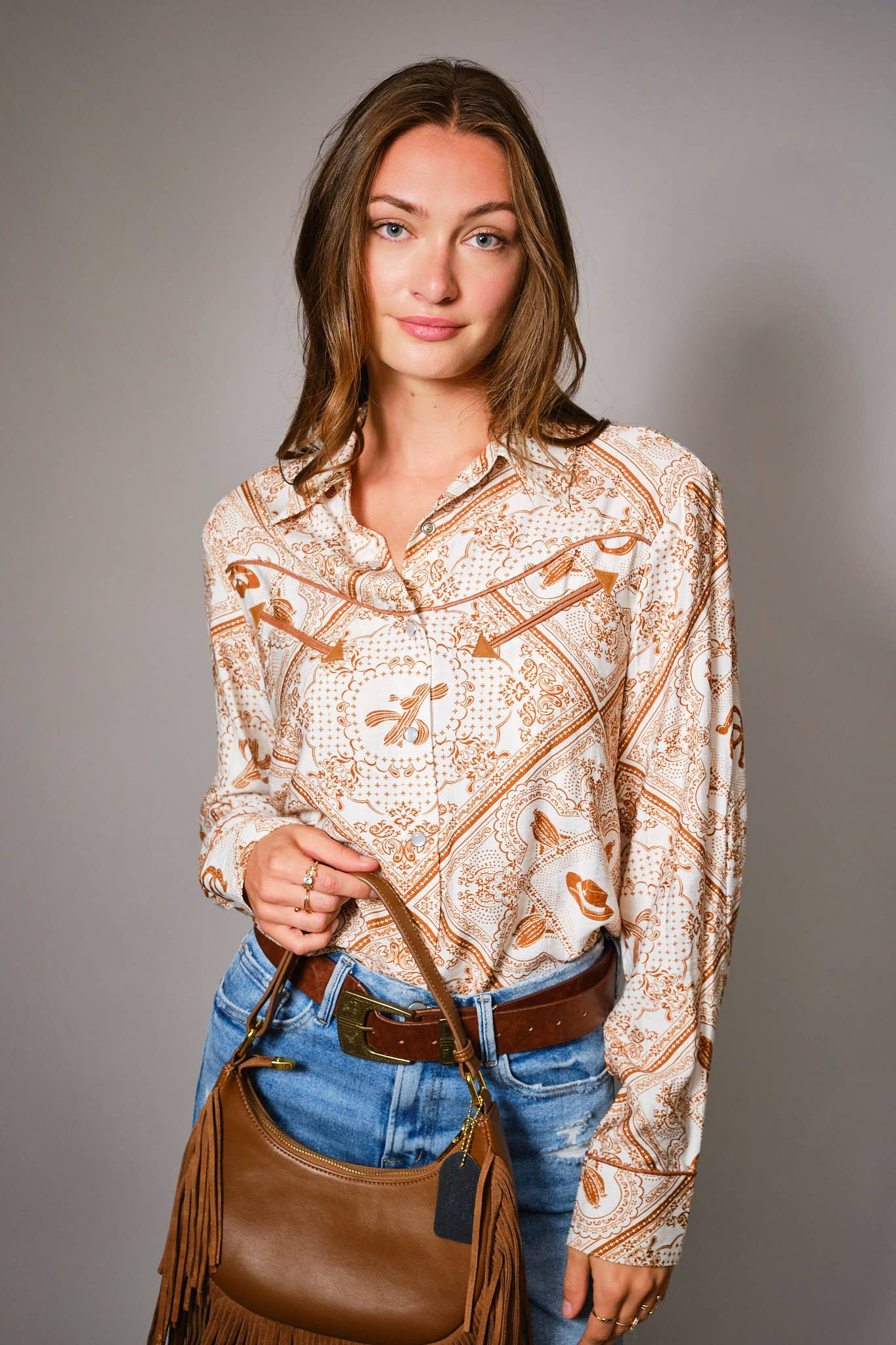 Blue B Western Printed Long Sleeve Button-Up Shirt - Off White Rust