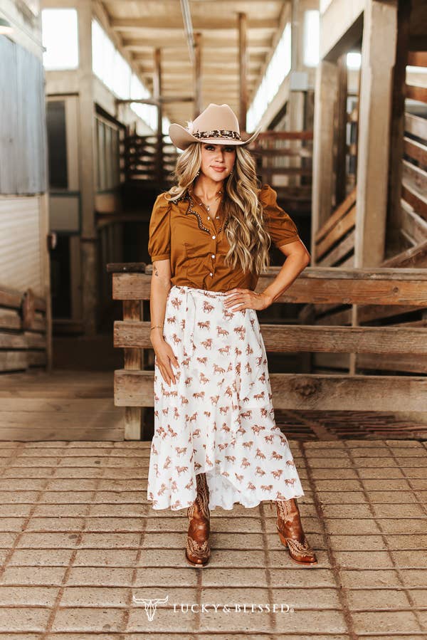 Lucky & Blessed Ivory Running Horse Printed Western Ruffle Edge Skirt