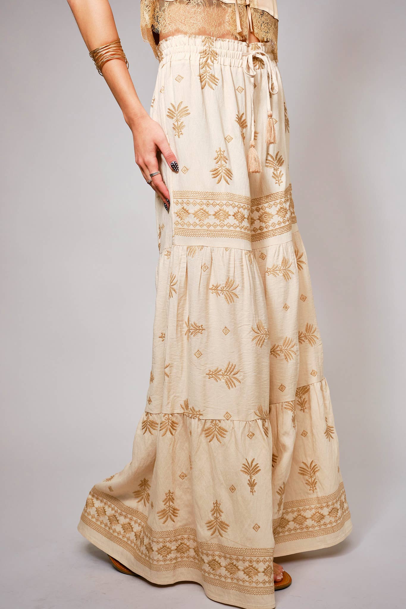 Blue B Embroidered Tassel Tie Front Tiered Palazzo Pants - Beige
