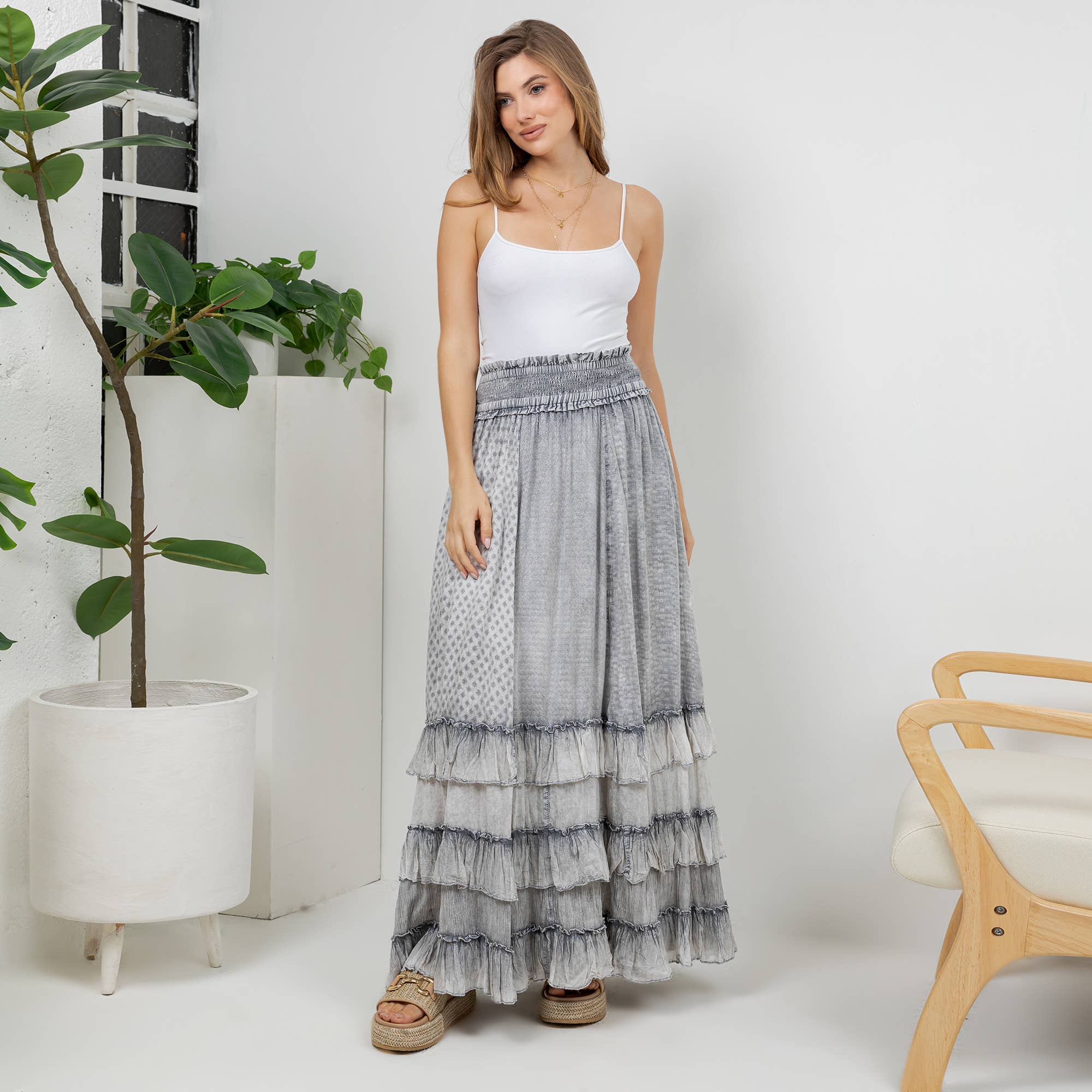 Young Threads Rustic Textured Smocked Waist Ruffled Tiered Maxi Skirt - Grey