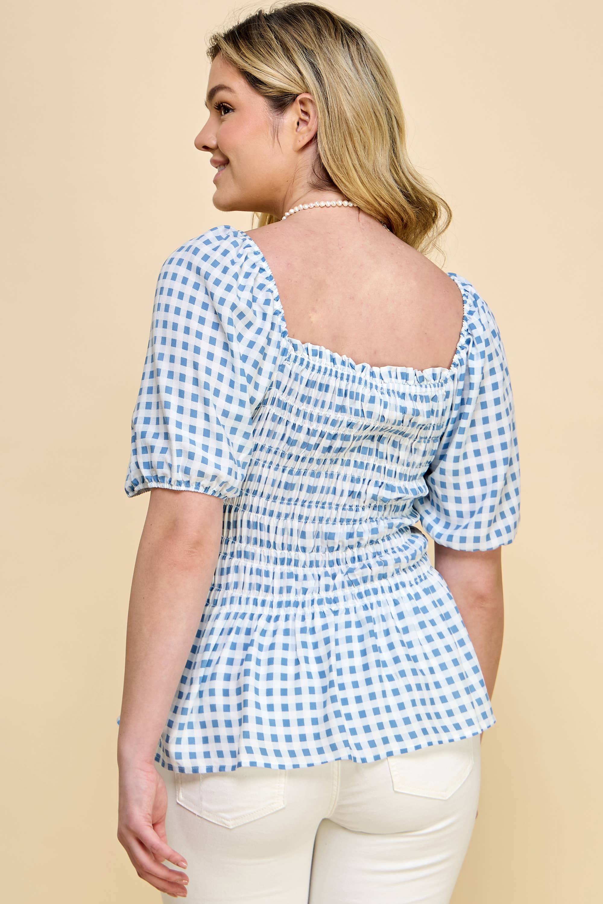 Winslow Collection Plus Size Puff Sleeve Smock Baby Doll Top - Ivory/Denim