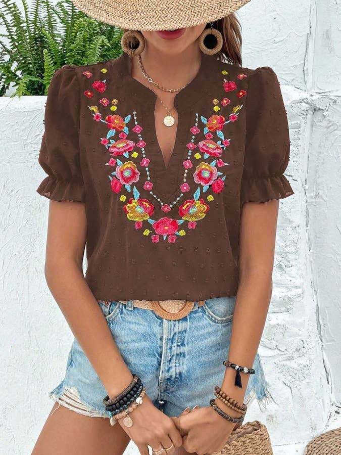 HIDDENBRAND Boho Embroidered Floral Ruffle Top - Brown