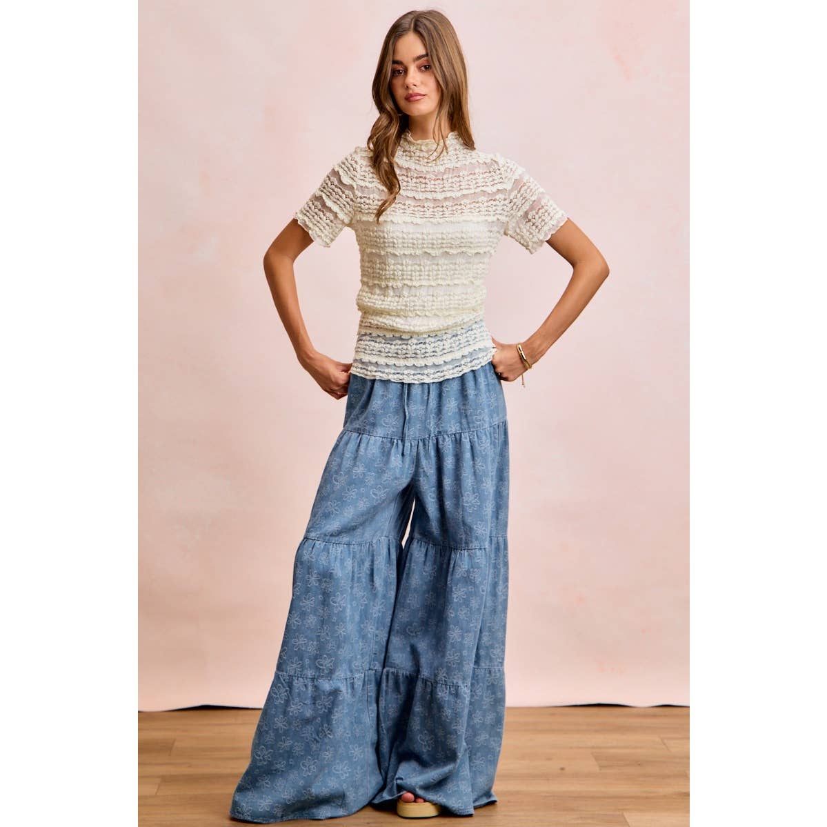 BiBi Floral Tiered Flare Denim Pants - Denim