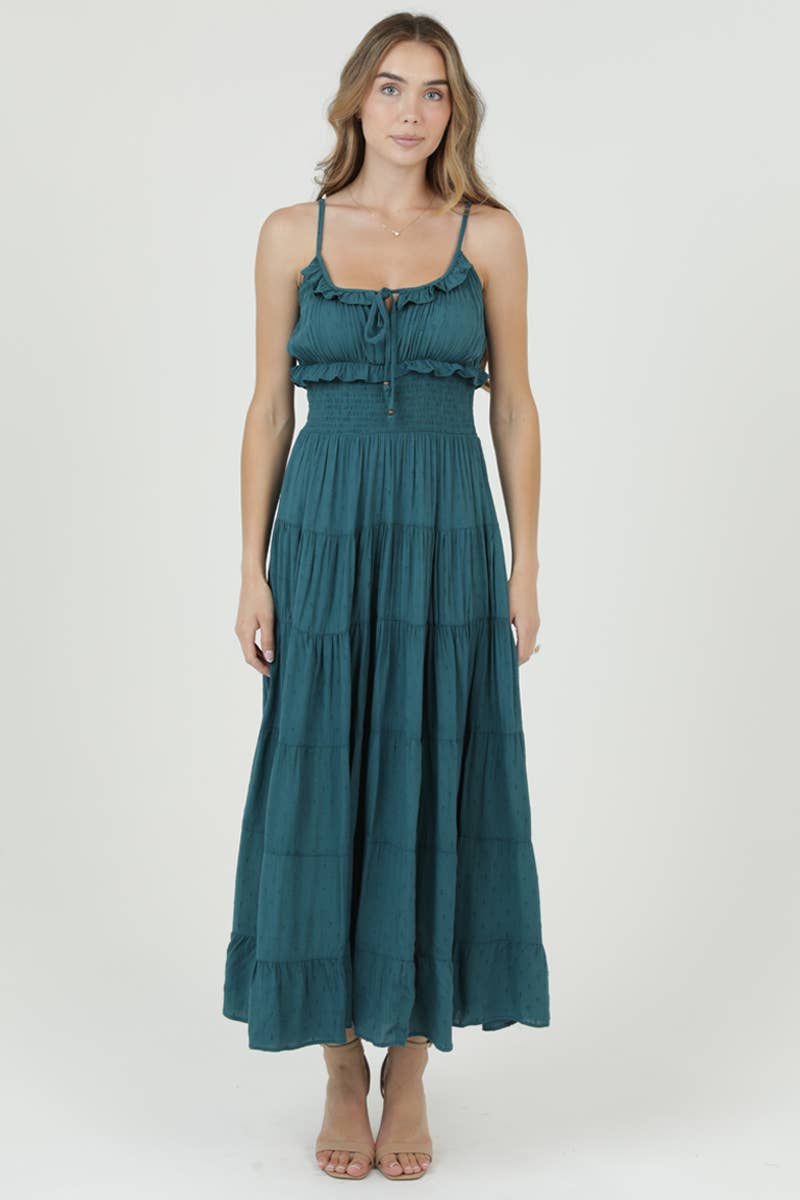 Angie Swiss Dot Ruffle Trim Smocked Waist Tiered Maxi Dress - Dark Sea