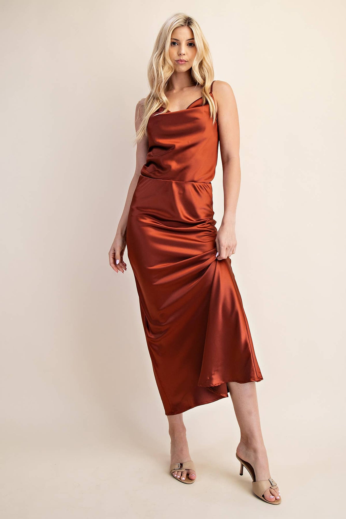 Glam Waist Elastic Band Midi Satin Skirt - Sienna