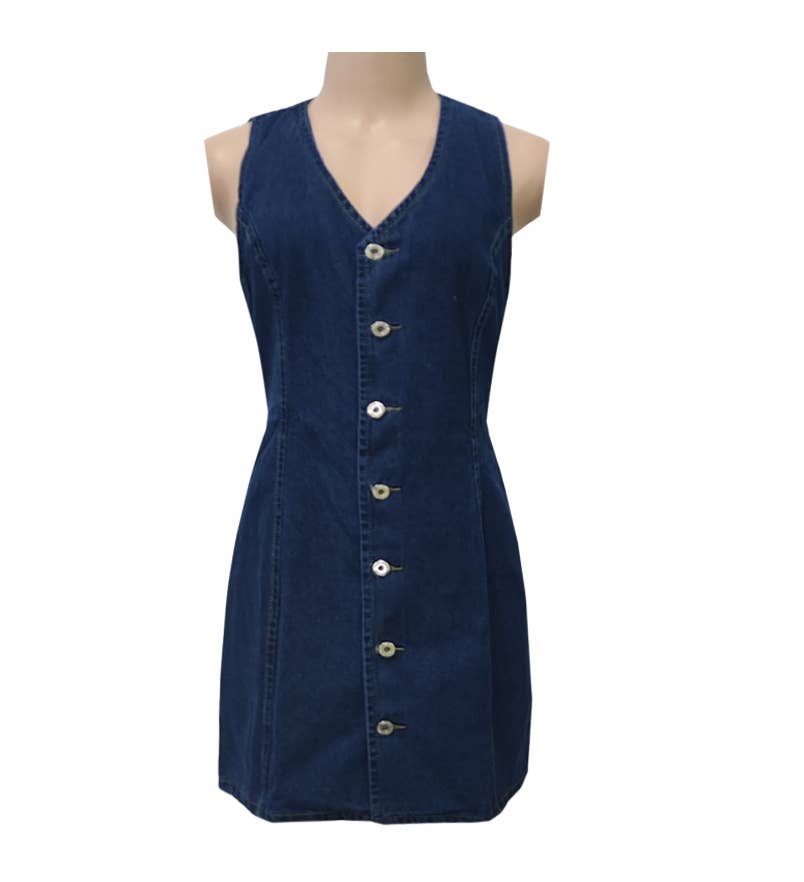 HIDDENBRAND Button-Up Lace-Up Retro Vest Denim Dress - Blue